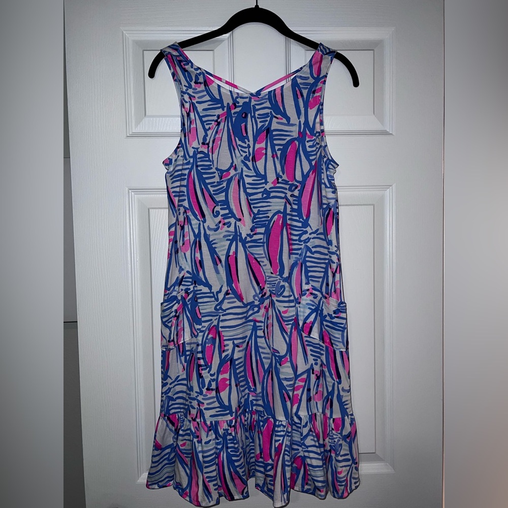 NWOT UNICORN Kristen Flounce Dress in Blue Haven pop up red right return - Picture 2 of 11